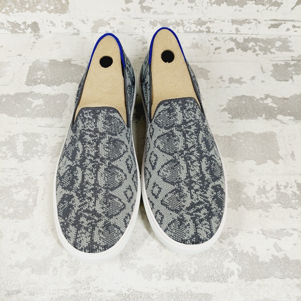 Rothy's Gray Patterned Slip-On Sneakers with Tan Collar and Blue Trim - Picture 5 of 9